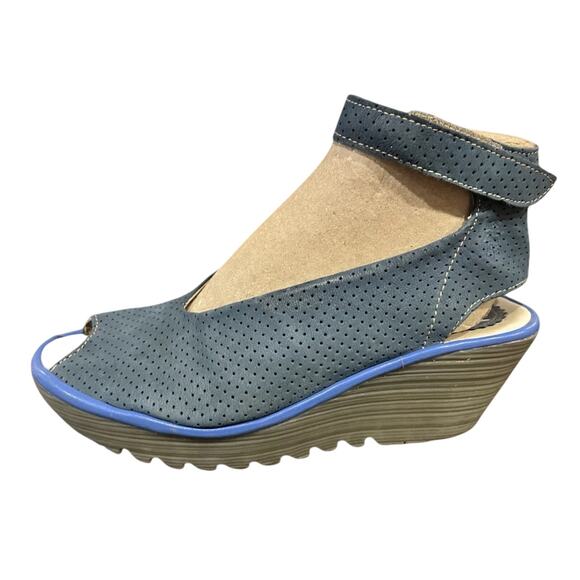 FLY London Yala Perforated Wedge Sandal Blue Suede Size 40 EU/9 US - Picture 1 of 7